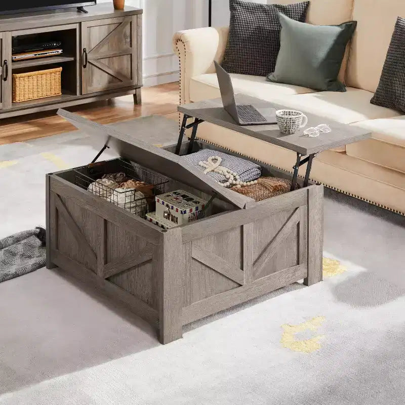 Table basse en bois relevable avec compartiments de rangement cachés pour salon et réception