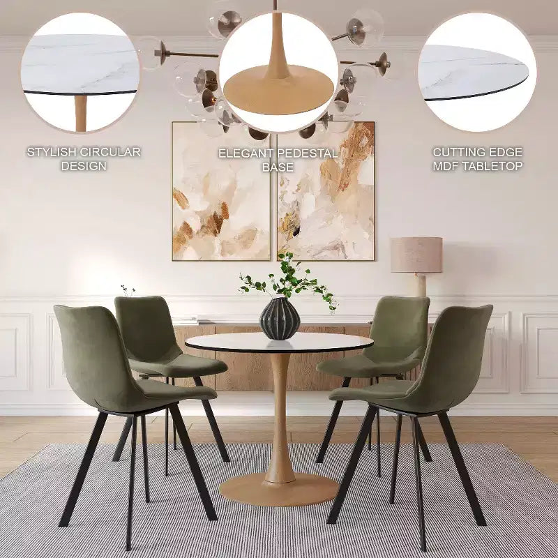 Table à manger ronde – Plateau en MDF avec piètement en acier aspect bois naturel, table de cuisine et salle à manger moderne, table d'appoint