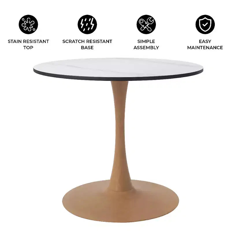 Table à manger ronde – Plateau en MDF avec piètement en acier aspect bois naturel, table de cuisine et salle à manger moderne, table d'appoint