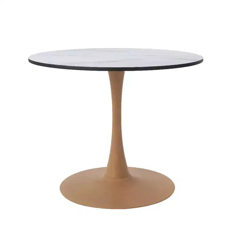 Table à manger ronde – Plateau en MDF avec piètement en acier aspect bois naturel, table de cuisine et salle à manger moderne, table d'appoint