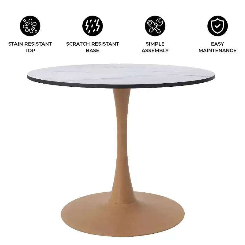 Table à manger ronde – Plateau en MDF avec piètement en acier aspect bois naturel, table de cuisine et salle à manger moderne, table d'appoint