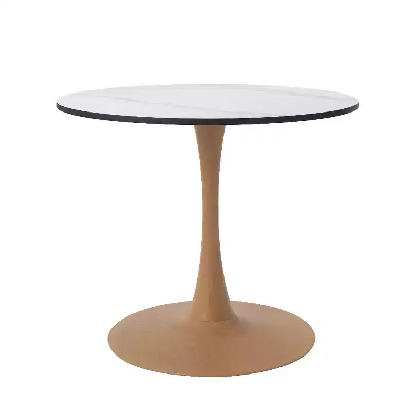 Table à manger ronde – Plateau en MDF avec piètement en acier aspect bois naturel, table de cuisine et salle à manger moderne, table d'appoint