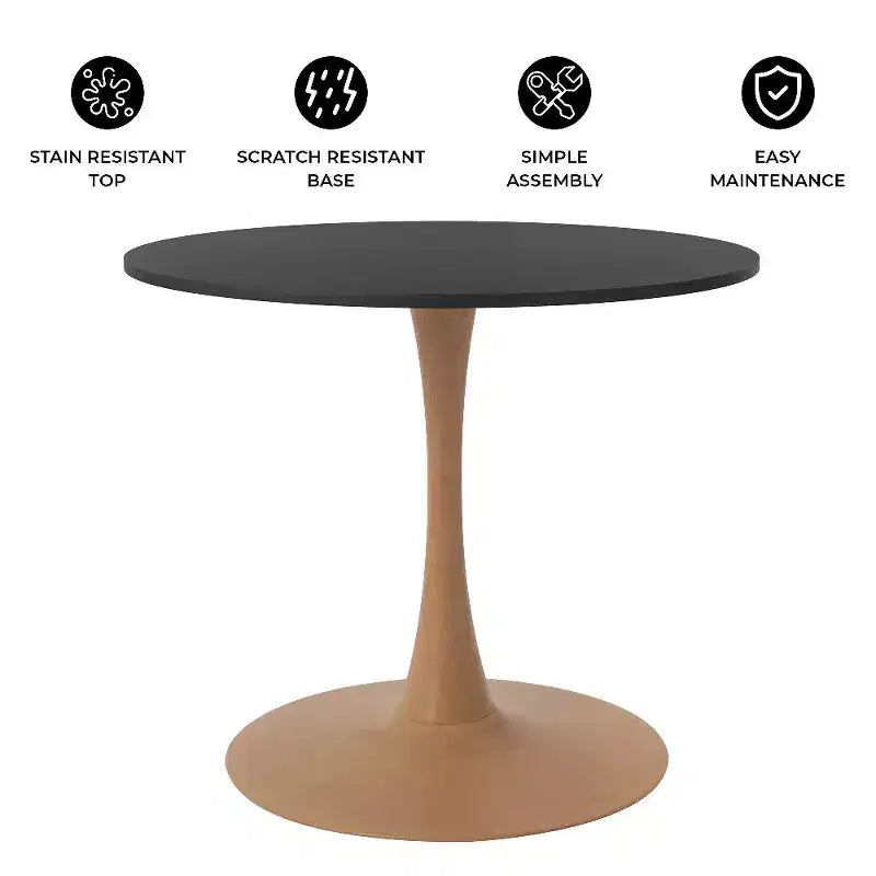 Table à manger ronde – Plateau en MDF avec piètement en acier aspect bois naturel, table de cuisine et salle à manger moderne, table d'appoint
