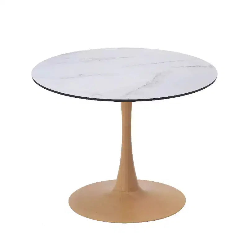 Table à manger ronde – Plateau en MDF avec piètement en acier aspect bois naturel, table de cuisine et salle à manger moderne, table d'appoint