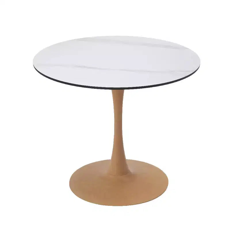 Table à manger ronde – Plateau en MDF avec piètement en acier aspect bois naturel, table de cuisine et salle à manger moderne, table d'appoint