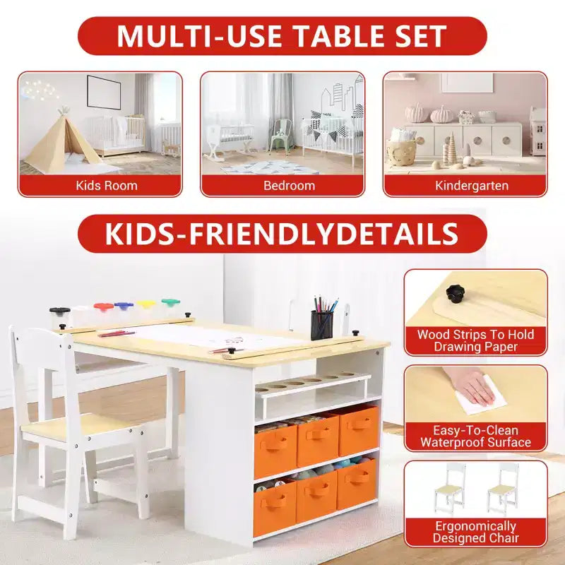 Table et tabouret d'art pour enfants, table d'activité en bois pour tout-petits avec bacs de rangement, bureau de dessin, artisanat pour enfants en bois