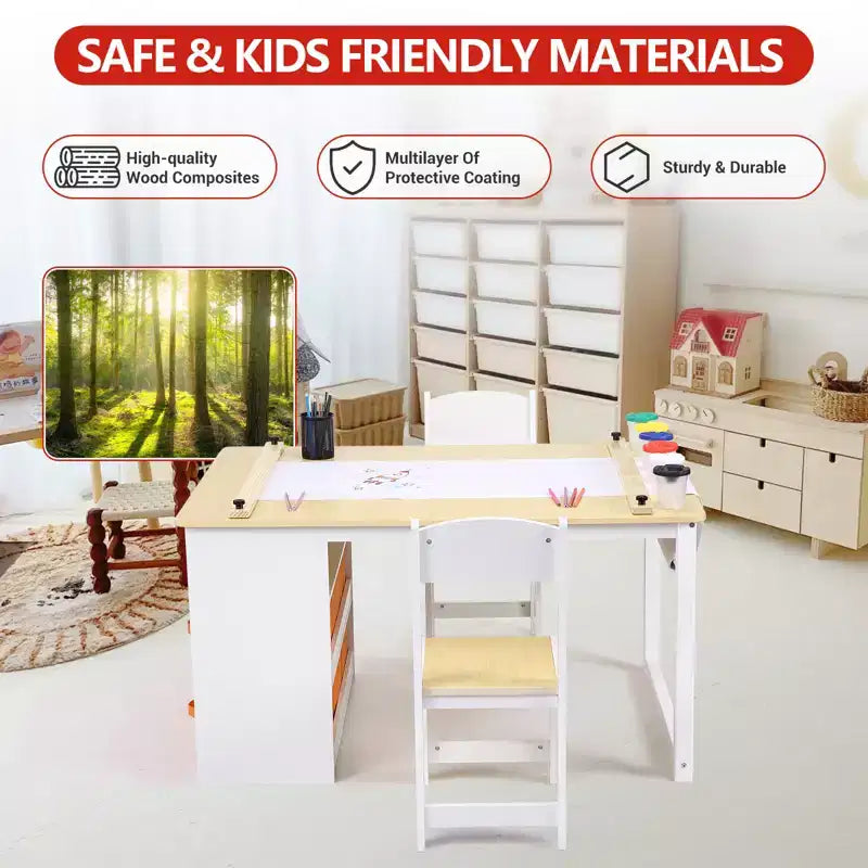 Table et tabouret d'art pour enfants, table d'activité en bois pour tout-petits avec bacs de rangement, bureau de dessin, artisanat pour enfants en bois