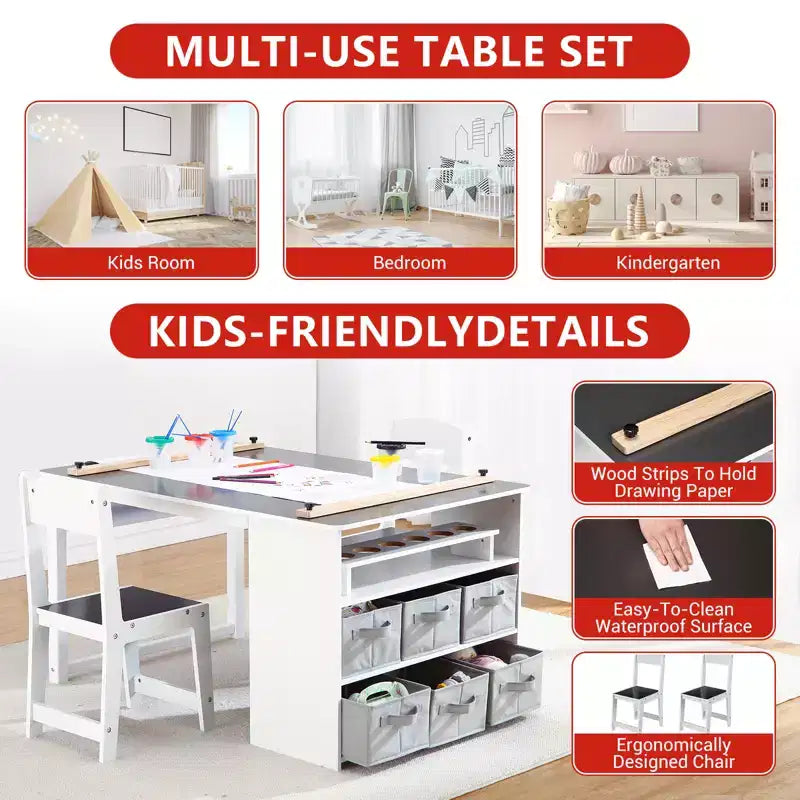 Table et tabouret d'art pour enfants, table d'activité en bois pour tout-petits avec bacs de rangement, bureau de dessin, artisanat pour enfants en bois