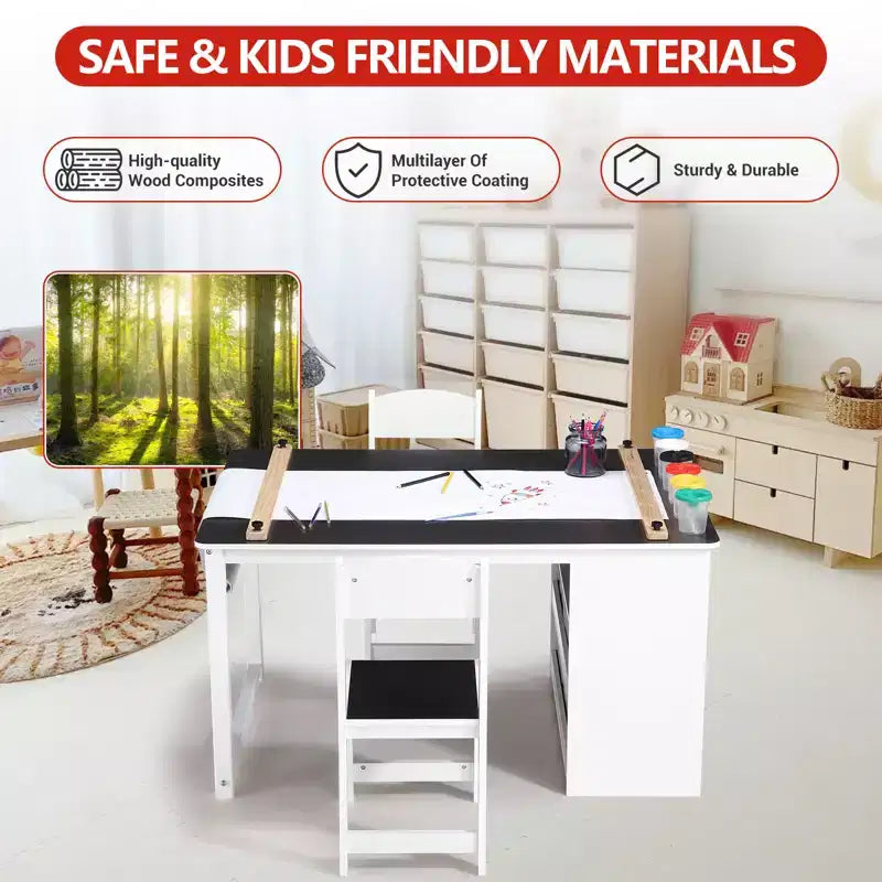 Table et tabouret d'art pour enfants, table d'activité en bois pour tout-petits avec bacs de rangement, bureau de dessin, artisanat pour enfants en bois