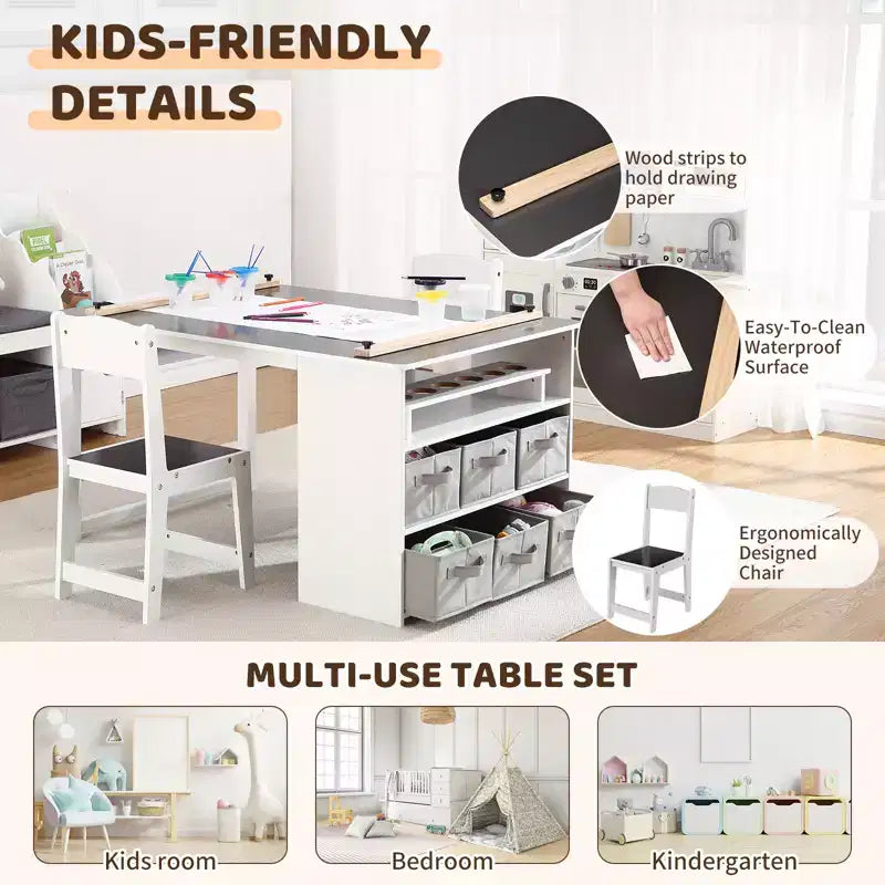 Table et tabouret d'art pour enfants, table d'activité en bois pour tout-petits avec bacs de rangement, bureau de dessin, artisanat pour enfants en bois