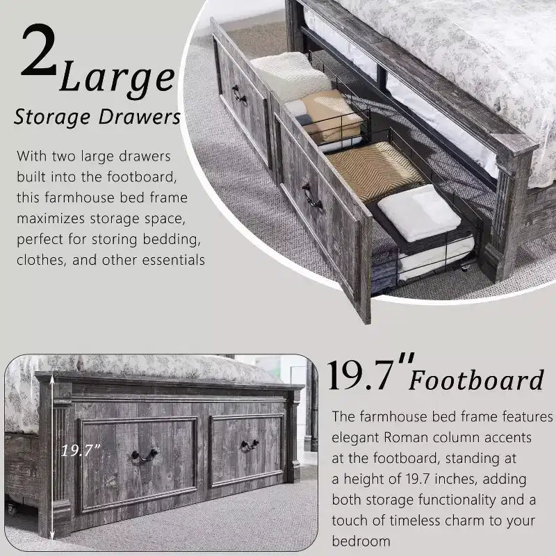 Cadre de lit Queen Size avec tête de lit de 51 po de haut, pied de lit romain de 20 po, 2 grands tiroirs de rangement, sommier tapissier non requis