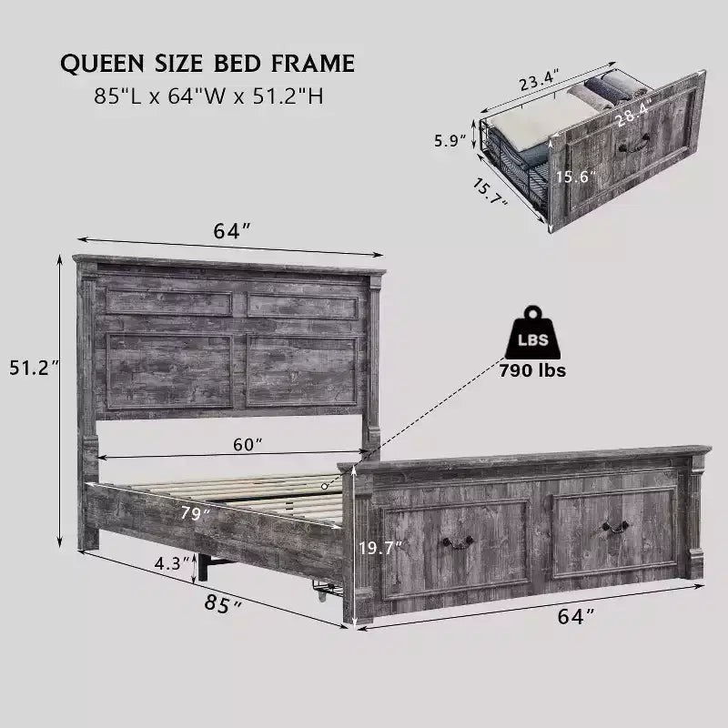 Cadre de lit Queen Size avec tête de lit de 51 po de haut, pied de lit romain de 20 po, 2 grands tiroirs de rangement, sommier tapissier non requis