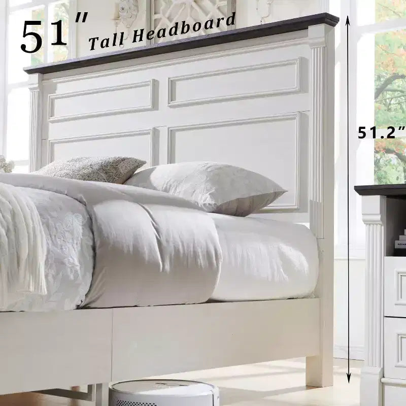 Cadre de lit Queen Size avec tête de lit de 51 po de haut, pied de lit romain de 20 po, 2 grands tiroirs de rangement, sommier tapissier non requis
