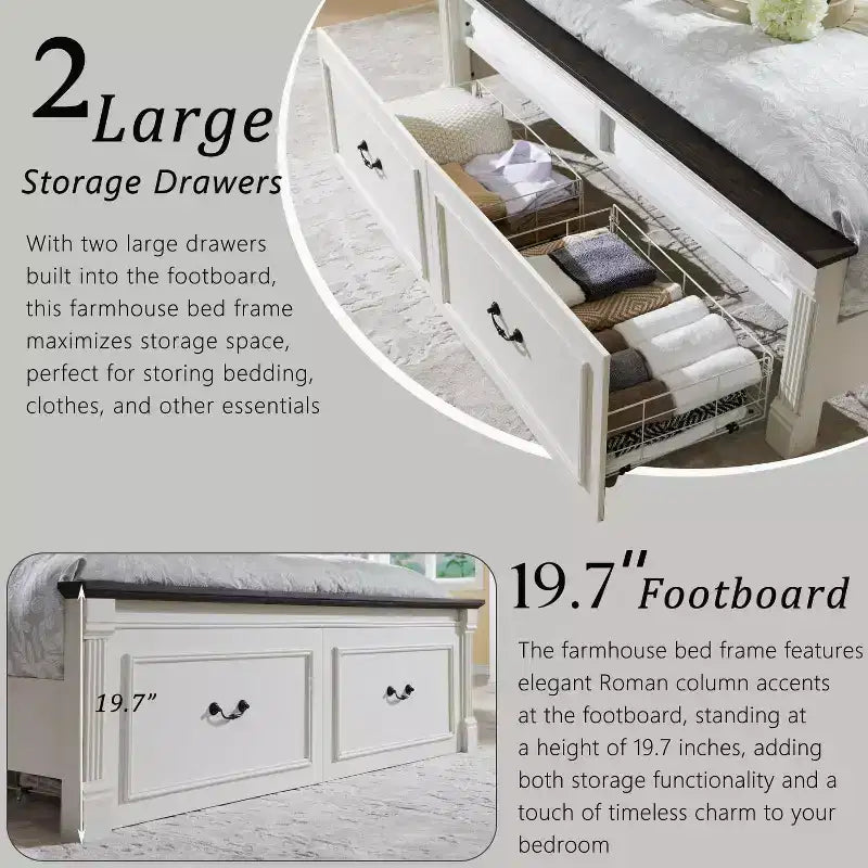 Cadre de lit Queen Size avec tête de lit de 51 po de haut, pied de lit romain de 20 po, 2 grands tiroirs de rangement, sommier tapissier non requis
