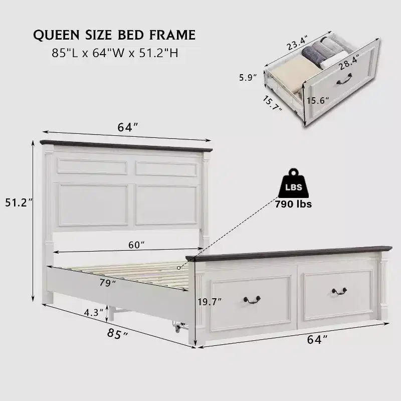 Cadre de lit Queen Size avec tête de lit de 51 po de haut, pied de lit romain de 20 po, 2 grands tiroirs de rangement, sommier tapissier non requis