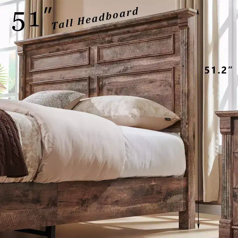 Cadre de lit Queen Size avec tête de lit de 51 po de haut, pied de lit romain de 20 po, 2 grands tiroirs de rangement, sommier tapissier non requis