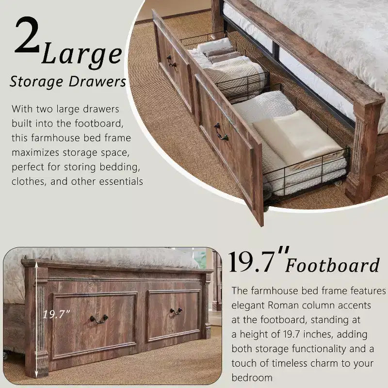 Cadre de lit Queen Size avec tête de lit de 51 po de haut, pied de lit romain de 20 po, 2 grands tiroirs de rangement, sommier tapissier non requis