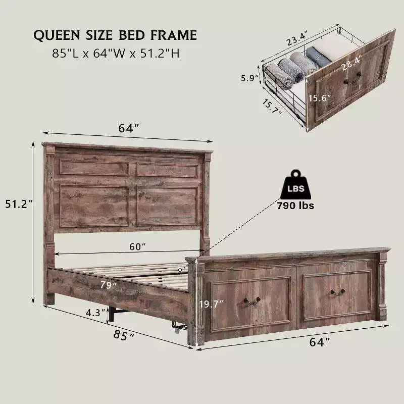 Cadre de lit Queen Size avec tête de lit de 51 po de haut, pied de lit romain de 20 po, 2 grands tiroirs de rangement, sommier tapissier non requis
