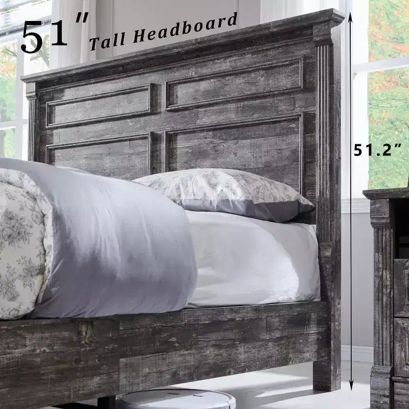 Cadre de lit Queen Size avec tête de lit de 51 po de haut, pied de lit romain de 20 po, 2 grands tiroirs de rangement, sommier tapissier non requis