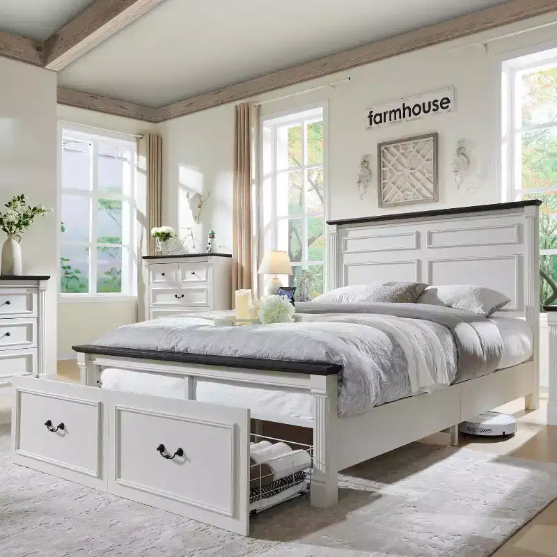 Cadre de lit Queen Size avec tête de lit de 51 po de haut, pied de lit romain de 20 po, 2 grands tiroirs de rangement, sommier tapissier non requis