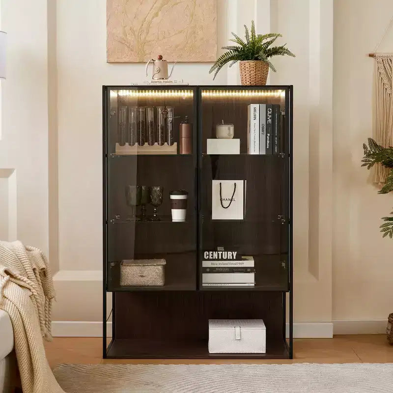 Vitrine haute éclairée avec porte en verre trempé, vitrine LED à cadre métallique