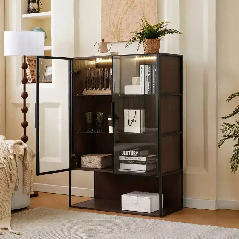 Vitrine haute éclairée avec porte en verre trempé, vitrine LED à cadre métallique