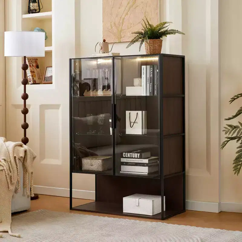 Vitrine haute éclairée avec porte en verre trempé, vitrine LED à cadre métallique