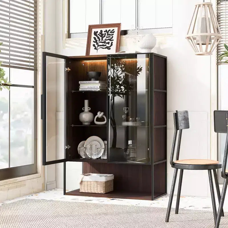 Vitrine haute éclairée avec porte en verre trempé, vitrine LED à cadre métallique