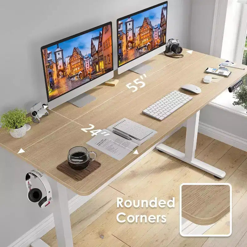 Bureau électrique debout, plateau nature, réglable en hauteur, bureau d'ordinateur pour le télétravail avec plateau en épicéa.