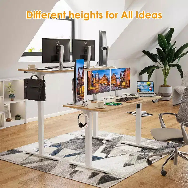 Bureau électrique debout, plateau nature, réglable en hauteur, bureau d'ordinateur pour le télétravail avec plateau en épicéa.