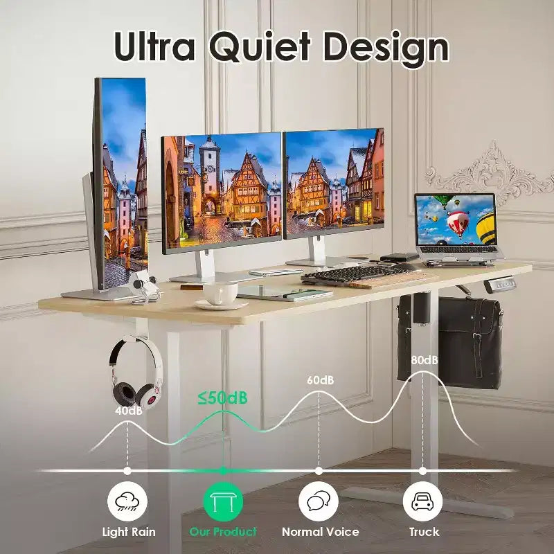 Bureau électrique debout, plateau nature, réglable en hauteur, bureau d'ordinateur pour le télétravail avec plateau en épicéa.