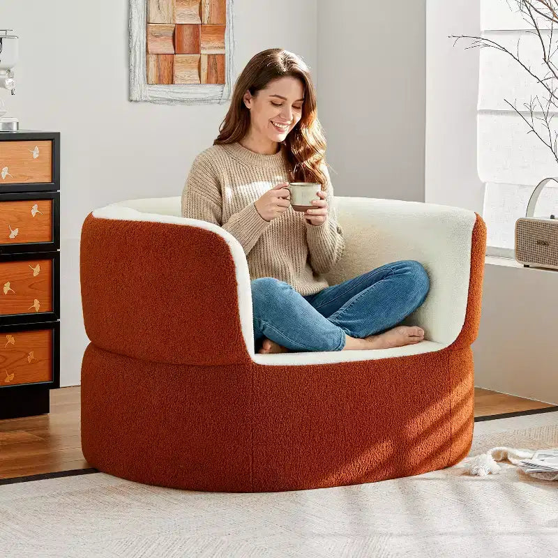 Fauteuil simple sans accoudoirs Orange, aucun assemblage requis, canapé pouf rond en fausse fourrure de mouton avec assise profonde pour balcon et salon