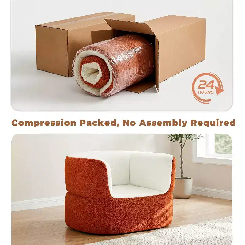 Fauteuil simple sans accoudoirs Orange, aucun assemblage requis, canapé pouf rond en fausse fourrure de mouton avec assise profonde pour balcon et salon