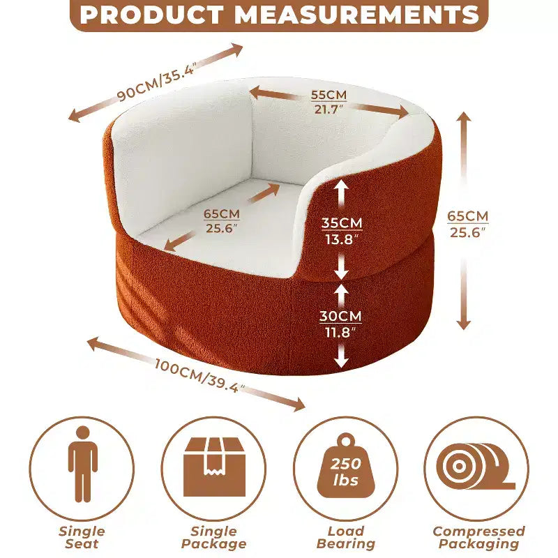 Fauteuil simple sans accoudoirs Orange, aucun assemblage requis, canapé pouf rond en fausse fourrure de mouton avec assise profonde pour balcon et salon