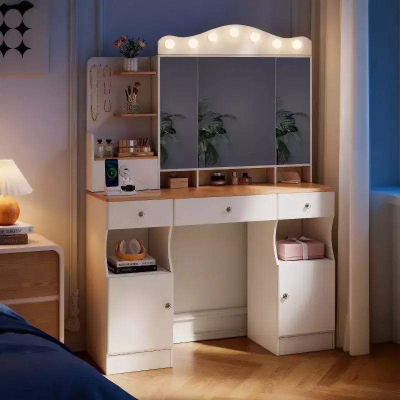 Coiffeuse avec miroir, coiffeuse de maquillage avec 2 prises USB, coiffeuse avec trois tiroirs et deux armoires