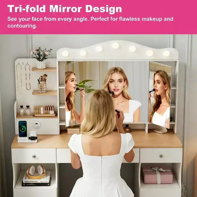 Coiffeuse avec miroir, coiffeuse de maquillage avec 2 prises USB, coiffeuse avec trois tiroirs et deux armoires