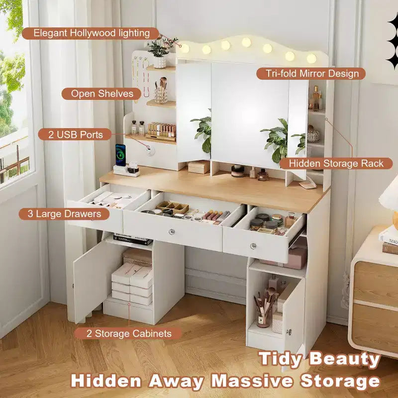 Coiffeuse avec miroir, coiffeuse de maquillage avec 2 prises USB, coiffeuse avec trois tiroirs et deux armoires