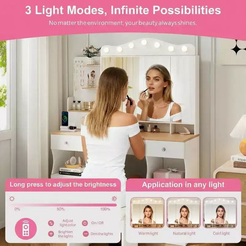 Coiffeuse avec miroir, coiffeuse de maquillage avec 2 prises USB, coiffeuse avec trois tiroirs et deux armoires