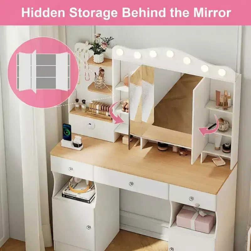 Coiffeuse avec miroir, coiffeuse de maquillage avec 2 prises USB, coiffeuse avec trois tiroirs et deux armoires
