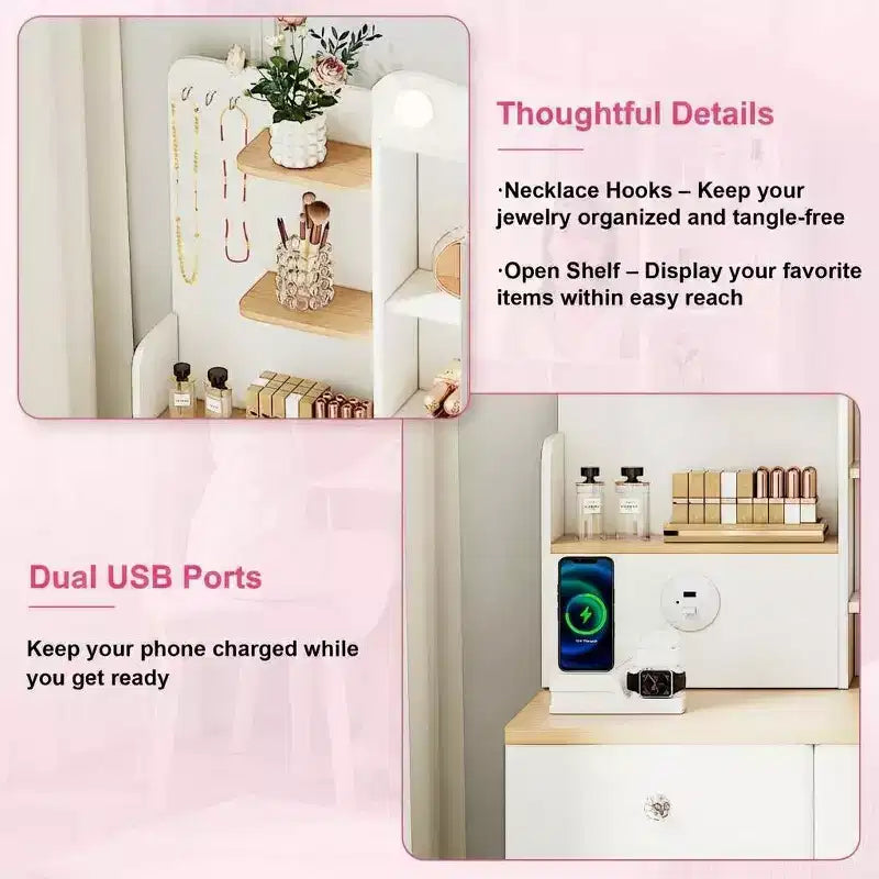 Coiffeuse avec miroir, coiffeuse de maquillage avec 2 prises USB, coiffeuse avec trois tiroirs et deux armoires