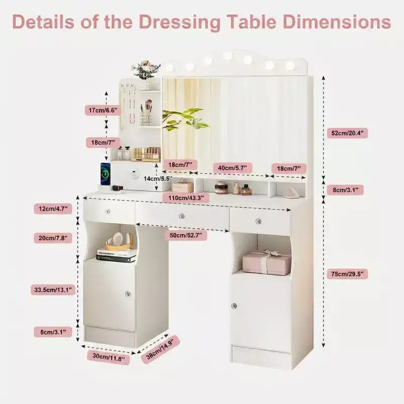 Coiffeuse avec miroir, coiffeuse de maquillage avec 2 prises USB, coiffeuse avec trois tiroirs et deux armoires