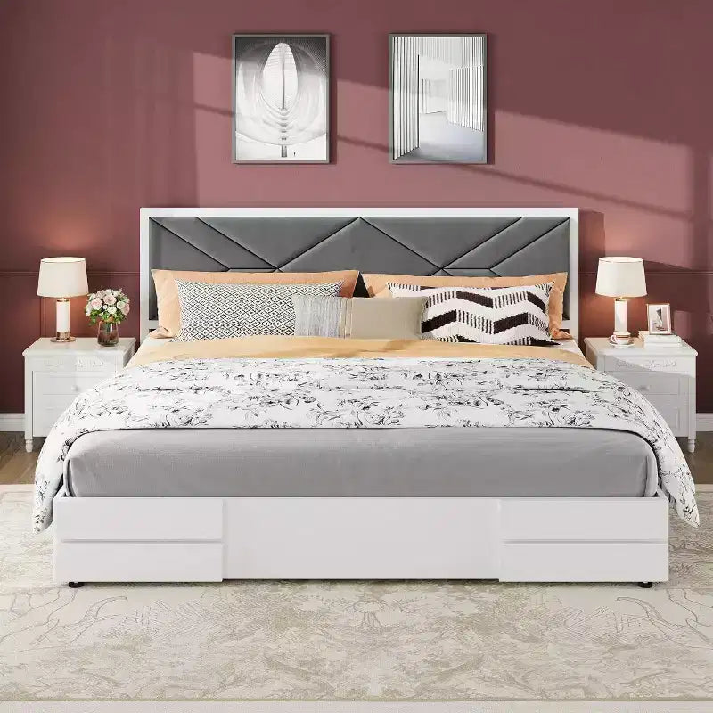 Lit capitonné simple/double/grand format pour chambre à coucher, tête de lit moelleuse à design touffeté, support à lattes en bois, blanc