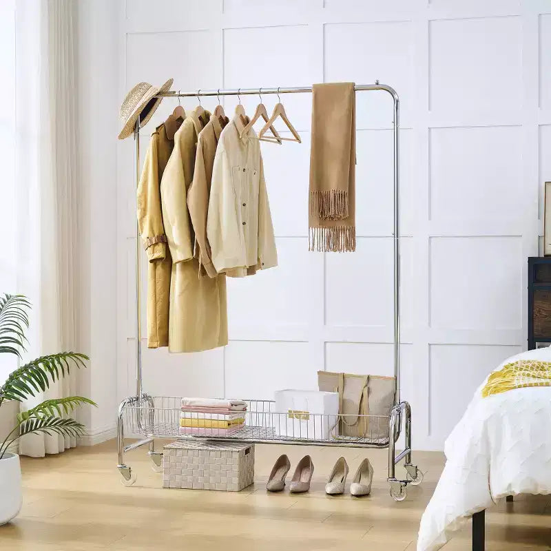67 800 lb Porte-vêtements avec panier de rangement, portant à roulettes robuste en fer (2 pièces/carton, cintre pliable et portable)