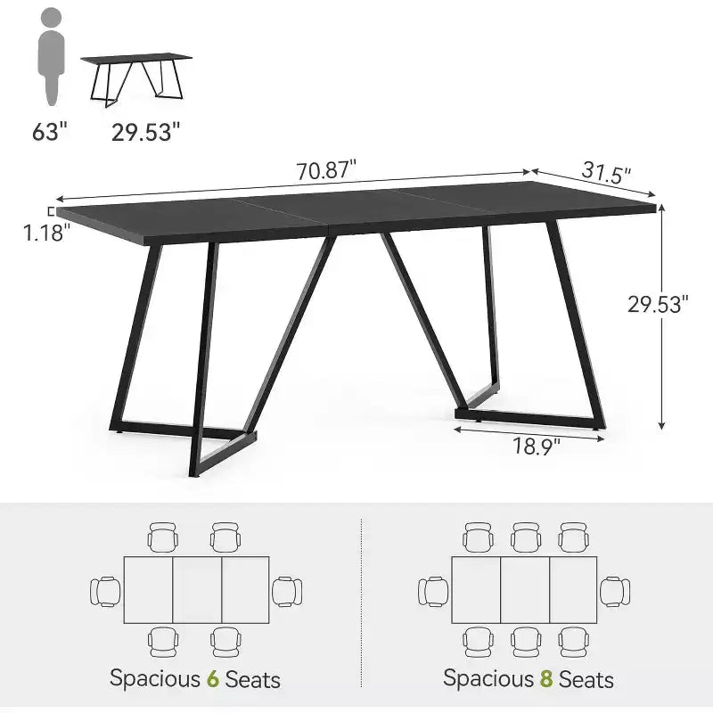 Table de conférence pour 8 personnes, table de réunion rectangulaire noire avec base en métal, table de salle de conférence moderne de 1,8 m