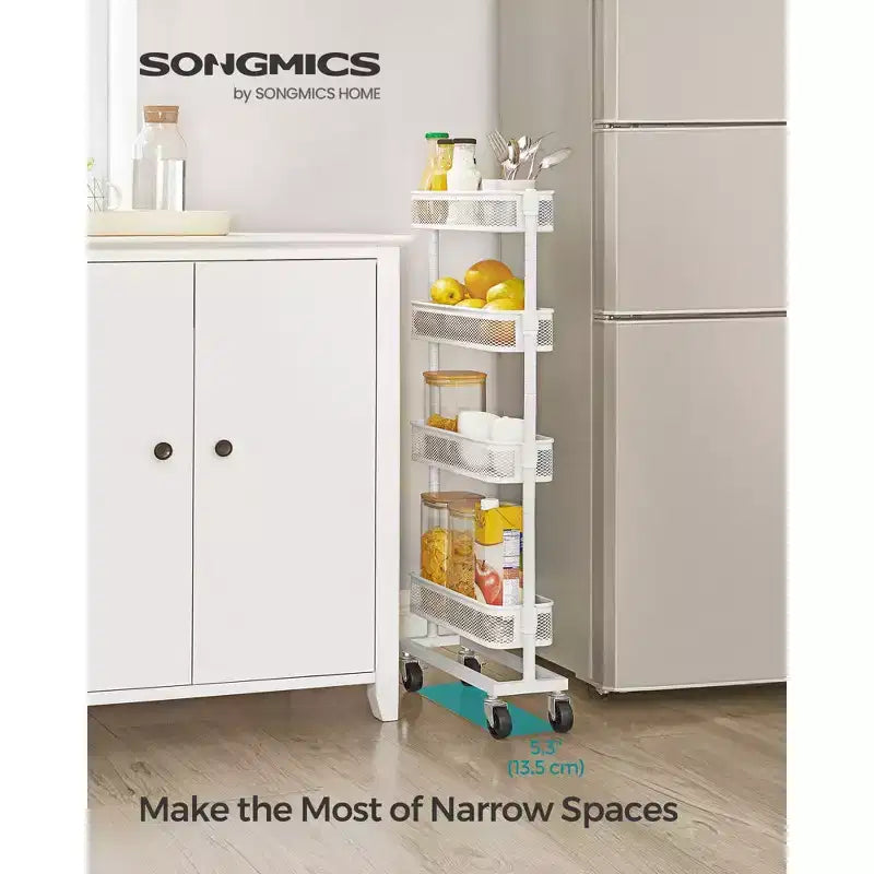 Chariot de rangement fin, chariot roulant en métal à 4 niveaux avec roulettes, paniers flexibles, chariot étroit pour la cuisine, la salle de bain, montage facile, blanc