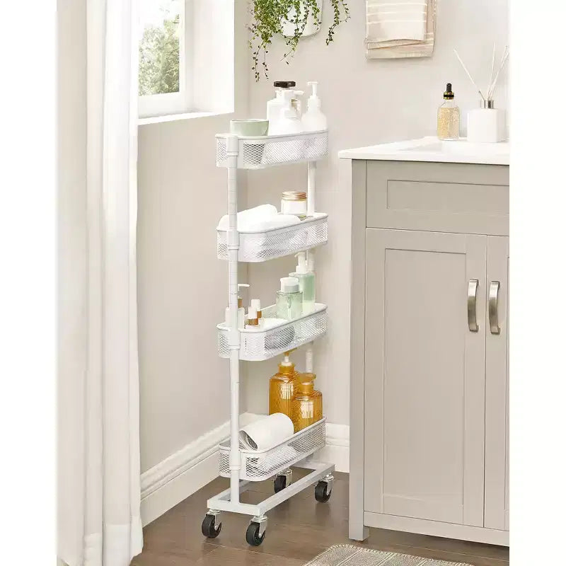 Chariot de rangement fin, chariot roulant en métal à 4 niveaux avec roulettes, paniers flexibles, chariot étroit pour la cuisine, la salle de bain, montage facile, blanc