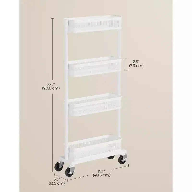Chariot de rangement fin, chariot roulant en métal à 4 niveaux avec roulettes, paniers flexibles, chariot étroit pour la cuisine, la salle de bain, montage facile, blanc