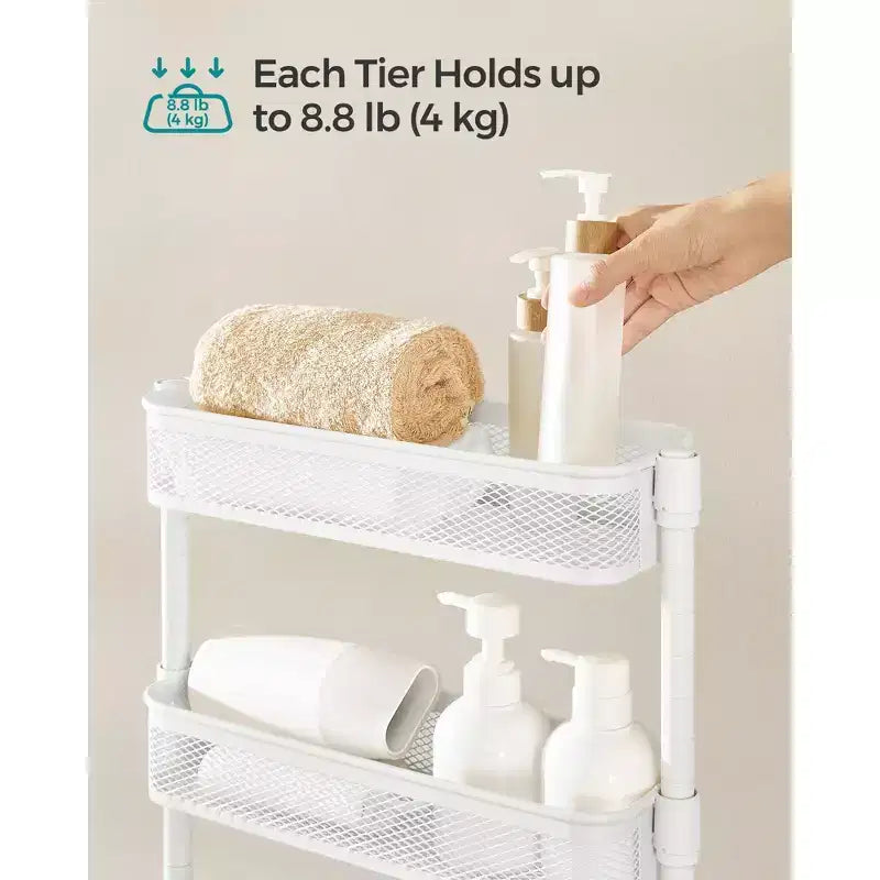 Chariot de rangement fin, chariot roulant en métal à 4 niveaux avec roulettes, paniers flexibles, chariot étroit pour la cuisine, la salle de bain, montage facile, blanc