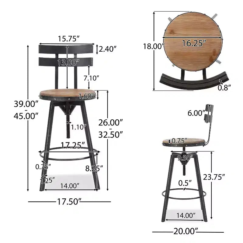 Tabouret de bar Smooth Back brossé argent noir : Structure en fer, Hauteur réglable 26" à 32,5"