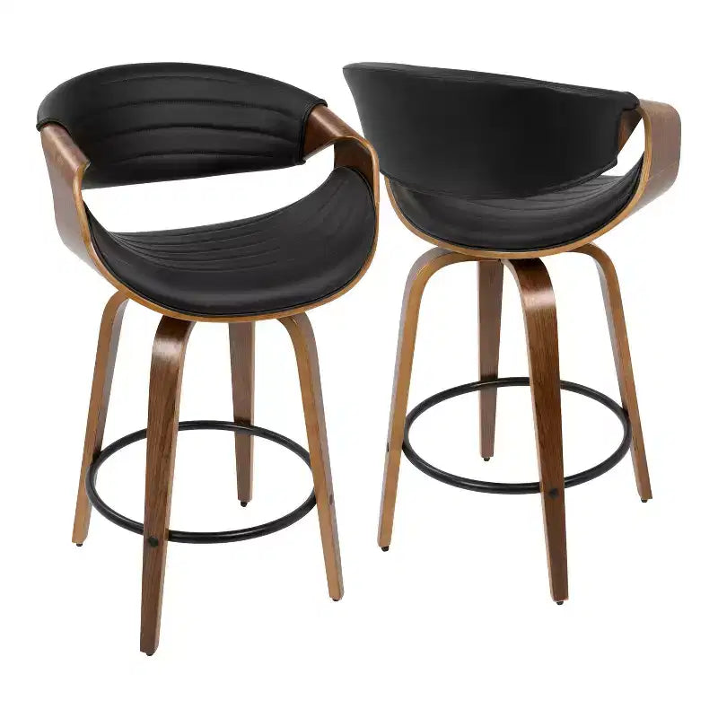 Lot de 2 tabourets de bar pivotants hauteur comptoir Mid-Century Modern en faux cuir noyer/noir, structure bois et métal, capacité 113 kg